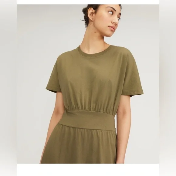 Everlane The Organic Cotton Waisted Dress Olive color Midi , size Small - Picture 3 of 11